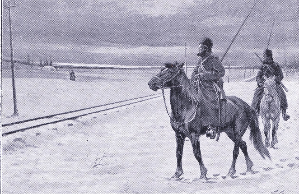 Hlídání železnice poblíž Mukden, ilustrace z Cassells Historie rusko-japonské války Vol 1, kolem roku 1900 od William Barnes Wollen