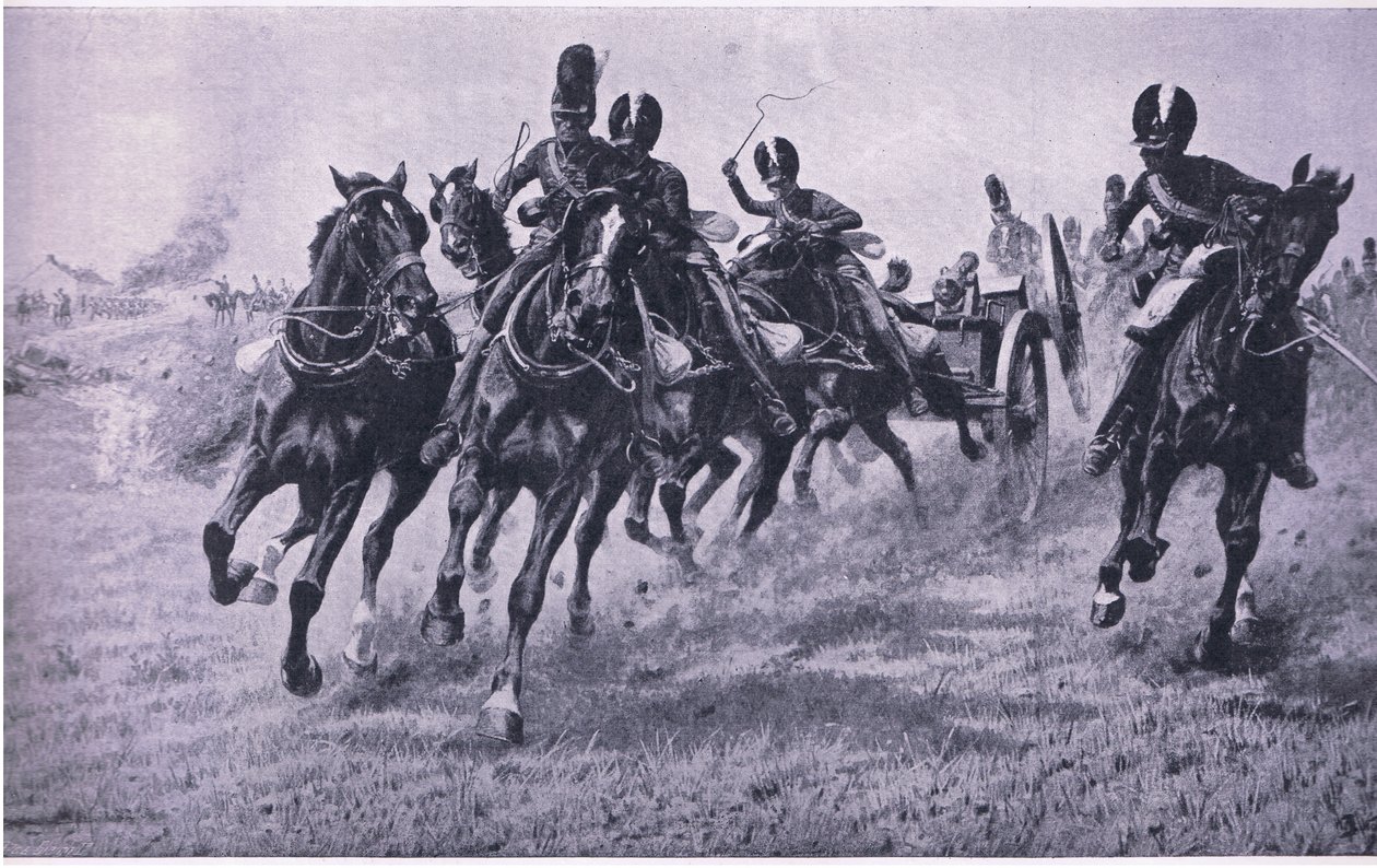 Děla vpředu: Waterloo 18. června 1815, ilustrace z britských bitev na souši a na moři, 1915 od William Barnes Wollen