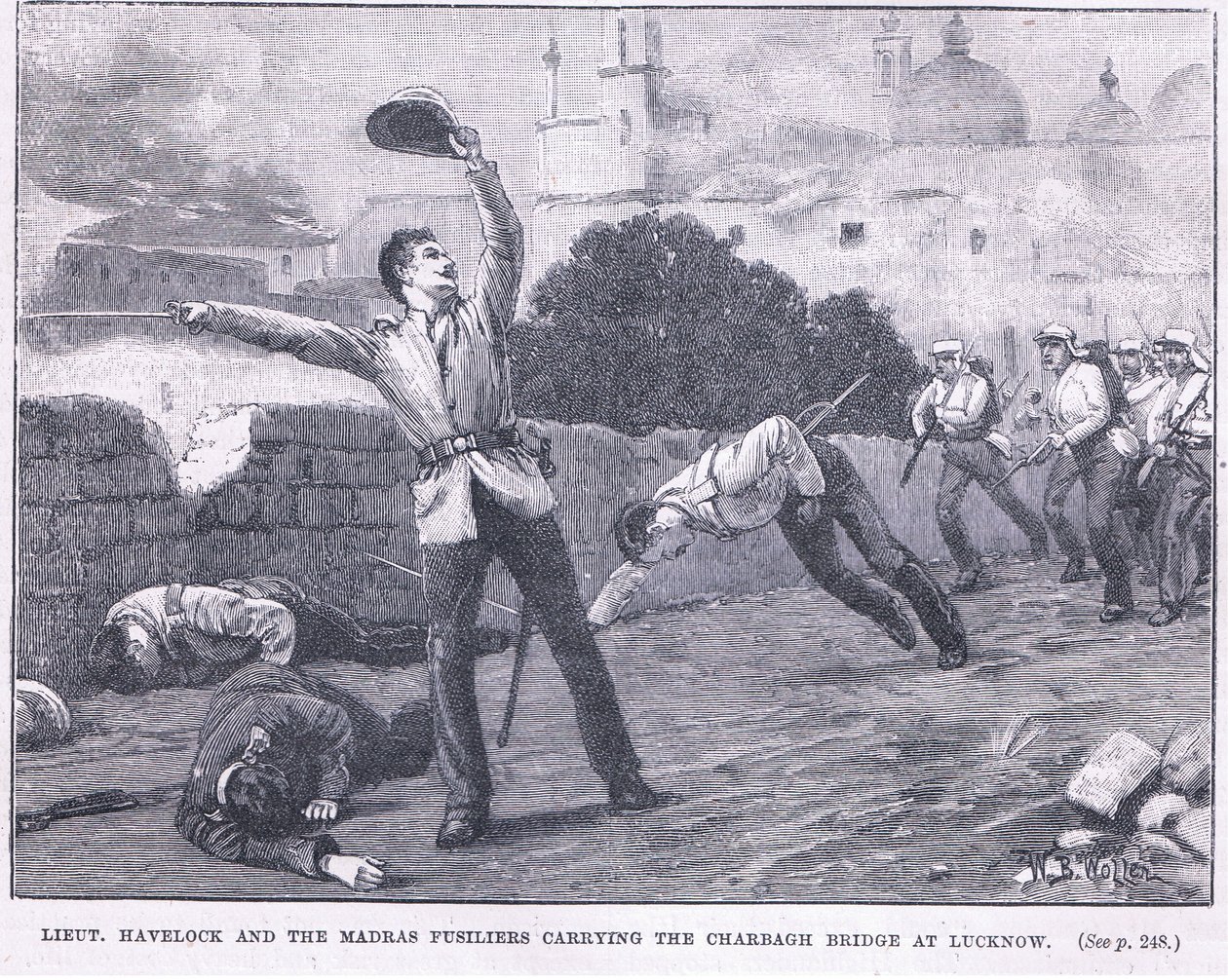 poručík. Havelock a střelci z Madras nesoucí most Charbagh v Lucknow 1857 našeho letopočtu od William Barnes Wollen