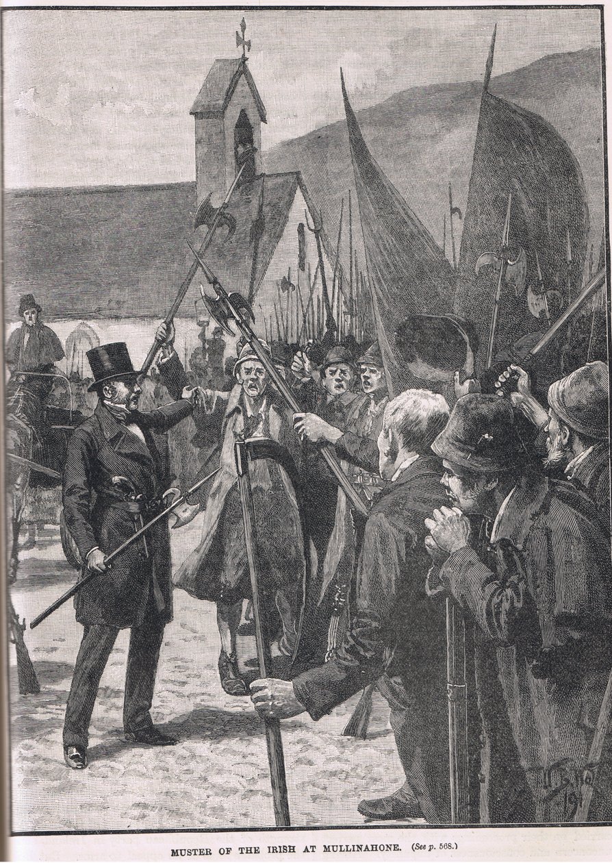 Muster of the Irish at Mullinahone, ilustrace z Cassellových „Ilustrovaných dějin Anglie“, vydané kolem roku 1910 od William Barnes Wollen