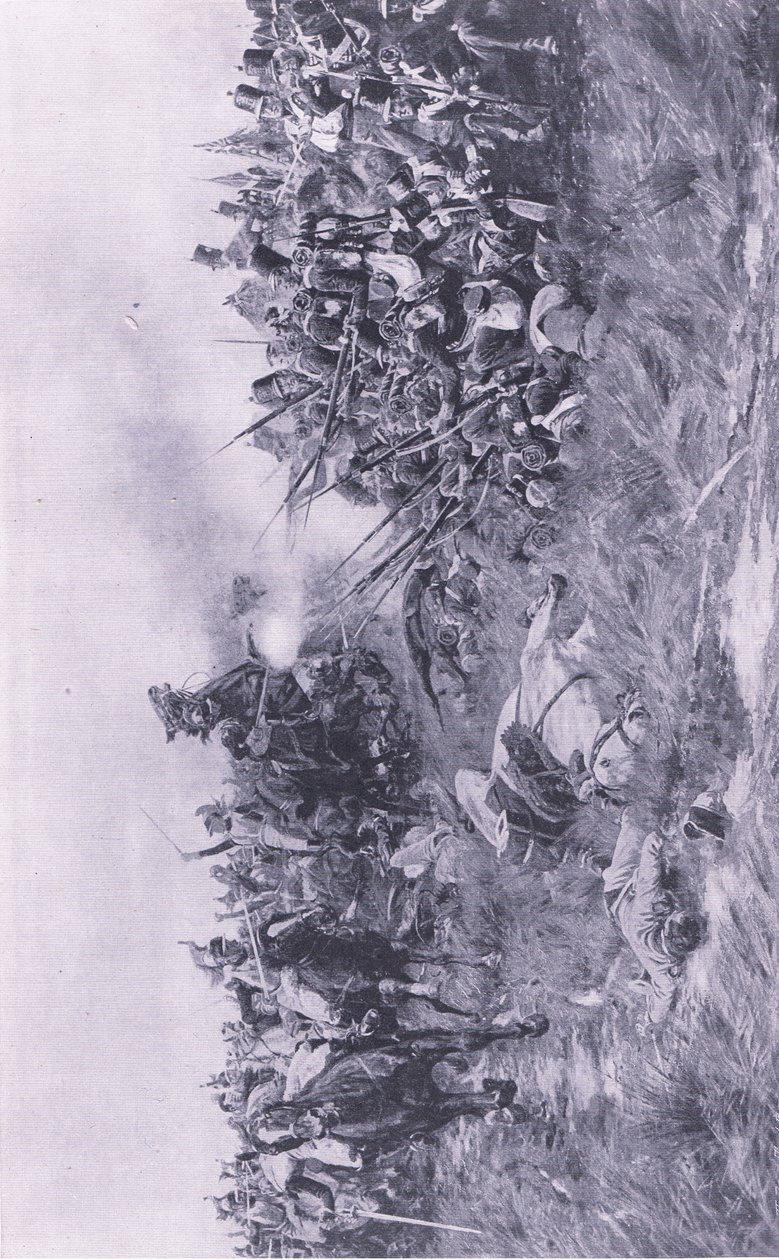28. st Gloucester Regiment přijímá francouzskou jízdu u Waterloo 18. června 1815, ilustrace z britských bitev na souši a na moři, 1915 od William Barnes Wollen