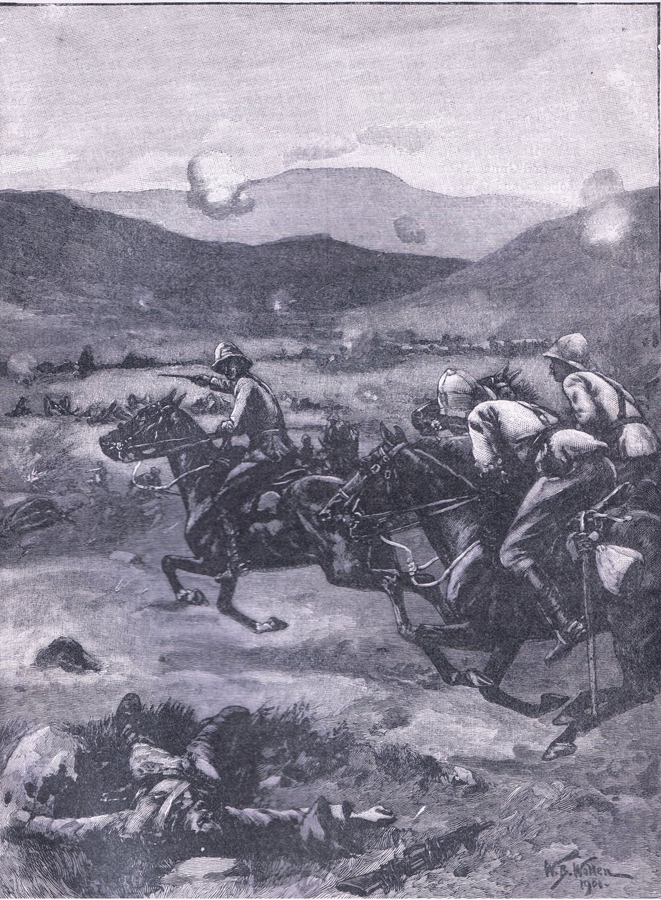 Bitva o Colenso: Poručík Roberts cválá, aby navrátil katastrofu do děl., ilustrace z Cassells History of England, 1900s od William Barnes Wollen