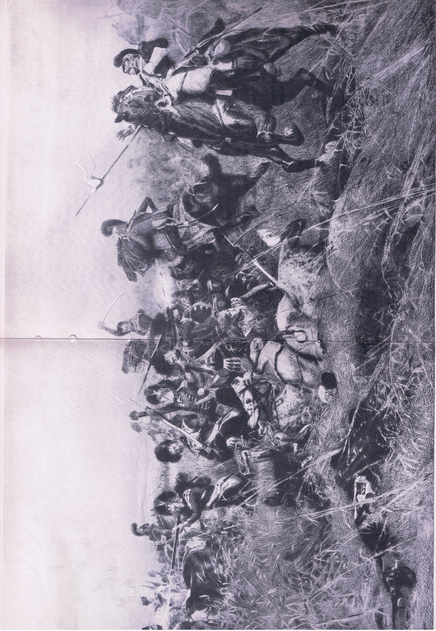 Černé hodinky v bitvě u Quatre Bras 16. června 1815, ilustrace z britských bitev na souši a na moři, 1915 od William Barnes Wollen