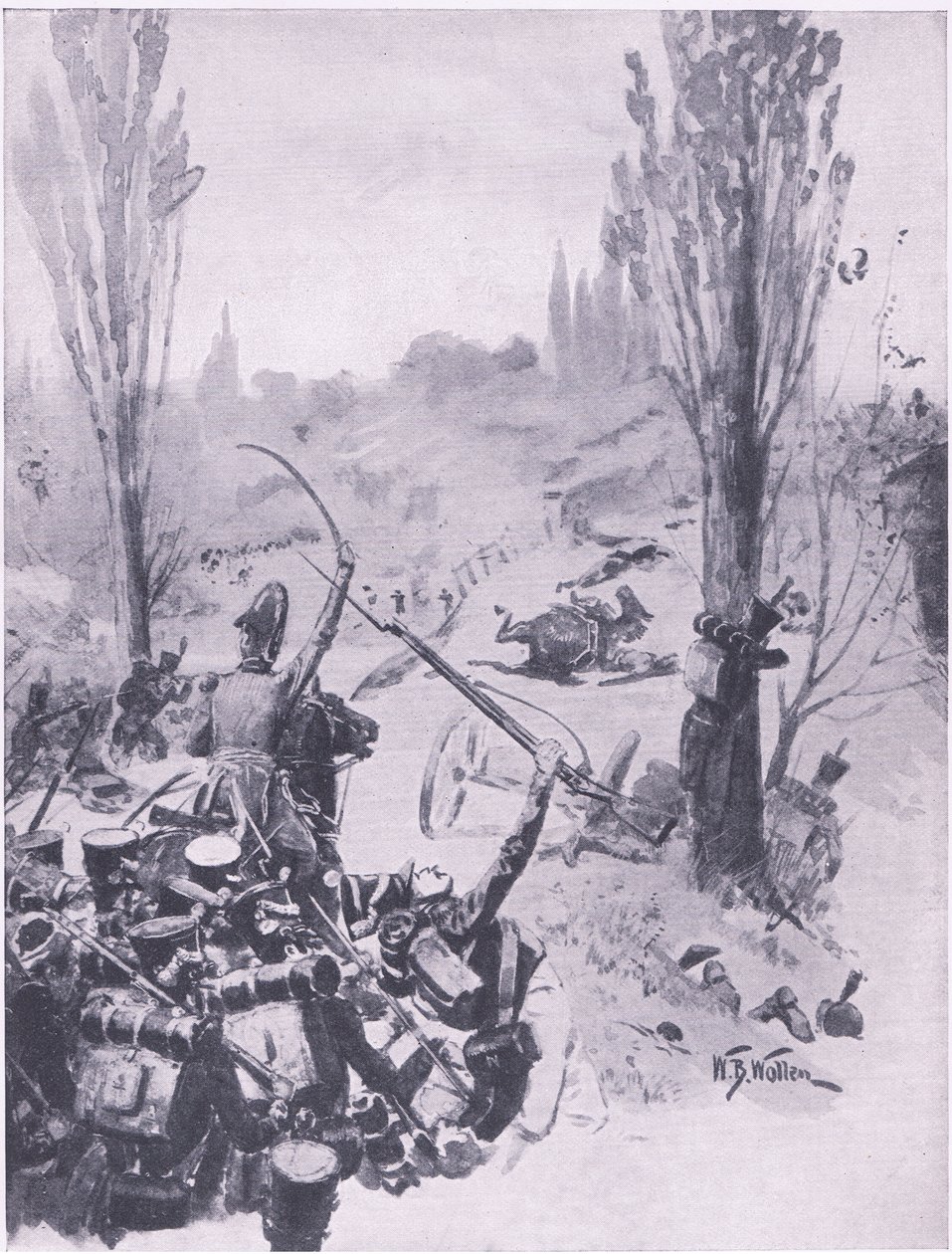 Postup francouzských jednotek u Ligny, 16. června 1815, ilustrace z britských bitev na souši a na moři, 1915 od William Barnes Wollen