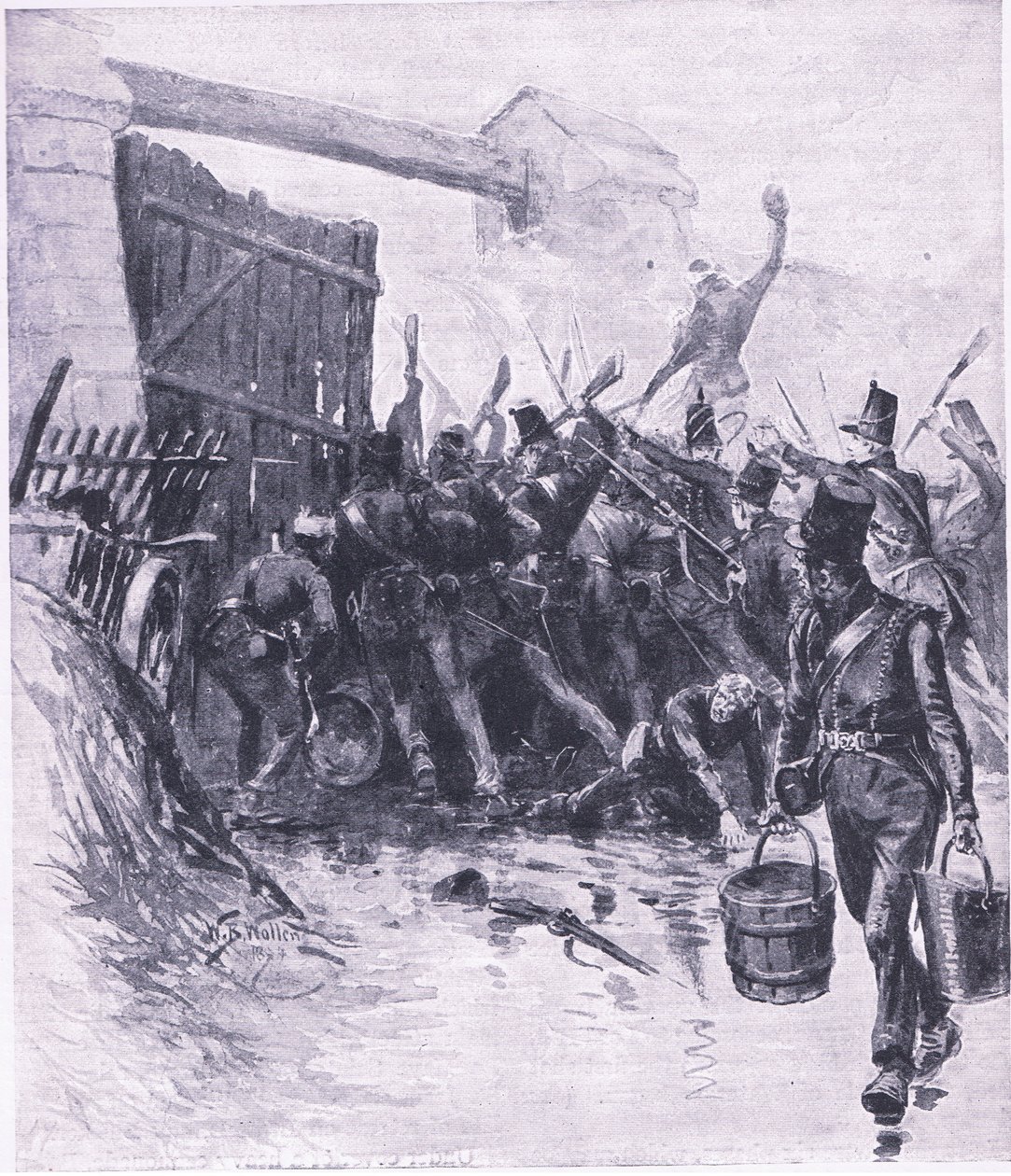 Útok na La Haye Sainte, ilustrace z britských bitev na souši a moři, 1915 od William Barnes Wollen
