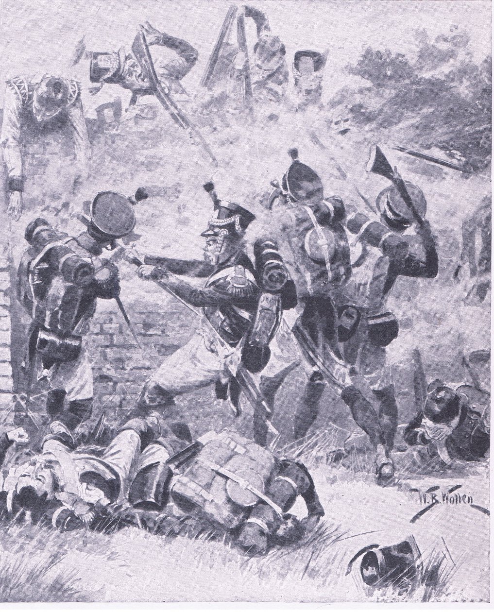 Útok na zeď v Hougomont: Waterloo 1815, ilustrace z britských bitev na zemi a moři, 1915 od William Barnes Wollen