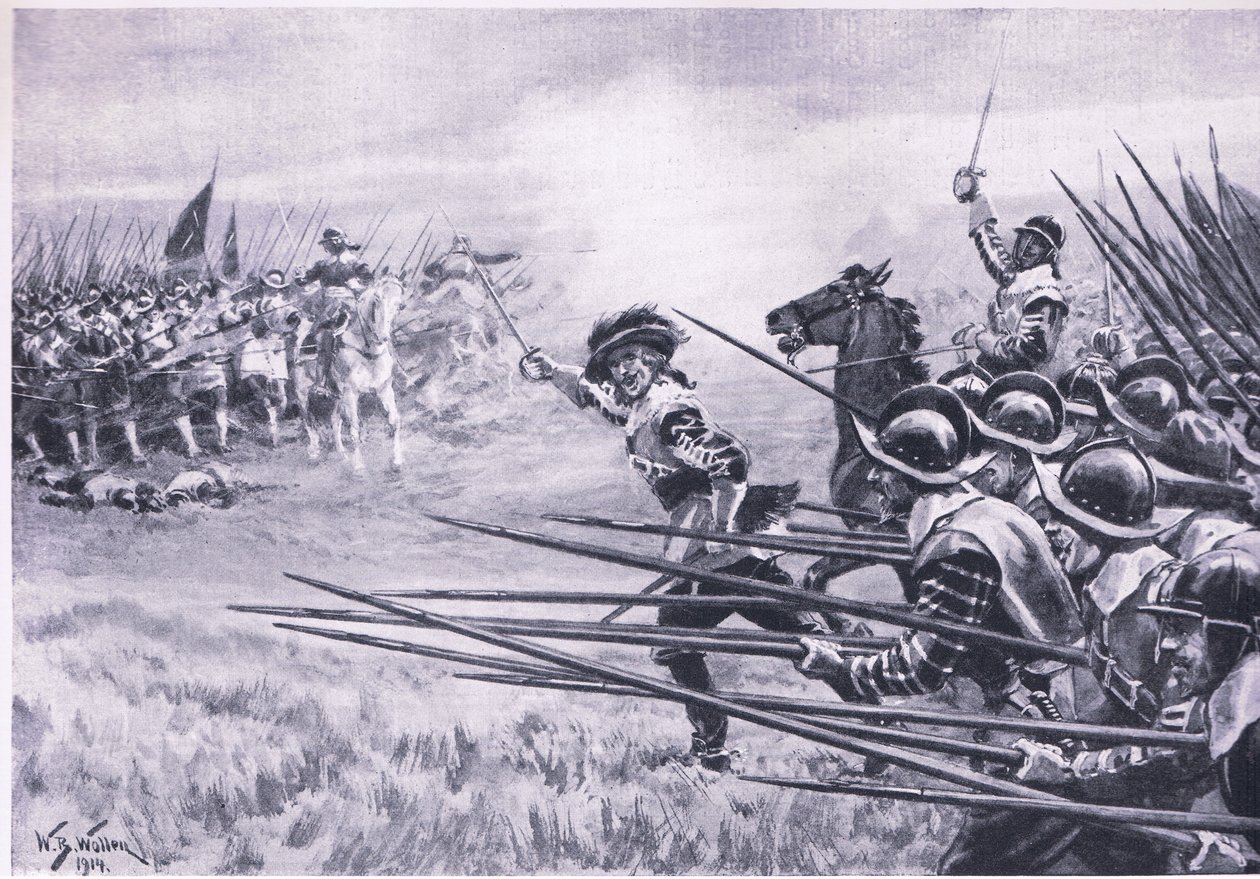 Obvinění pěchoty monarchisty v Naseby, červen 1645, ilustrace z britských bitev na zemi a moři, 1915 od William Barnes Wollen