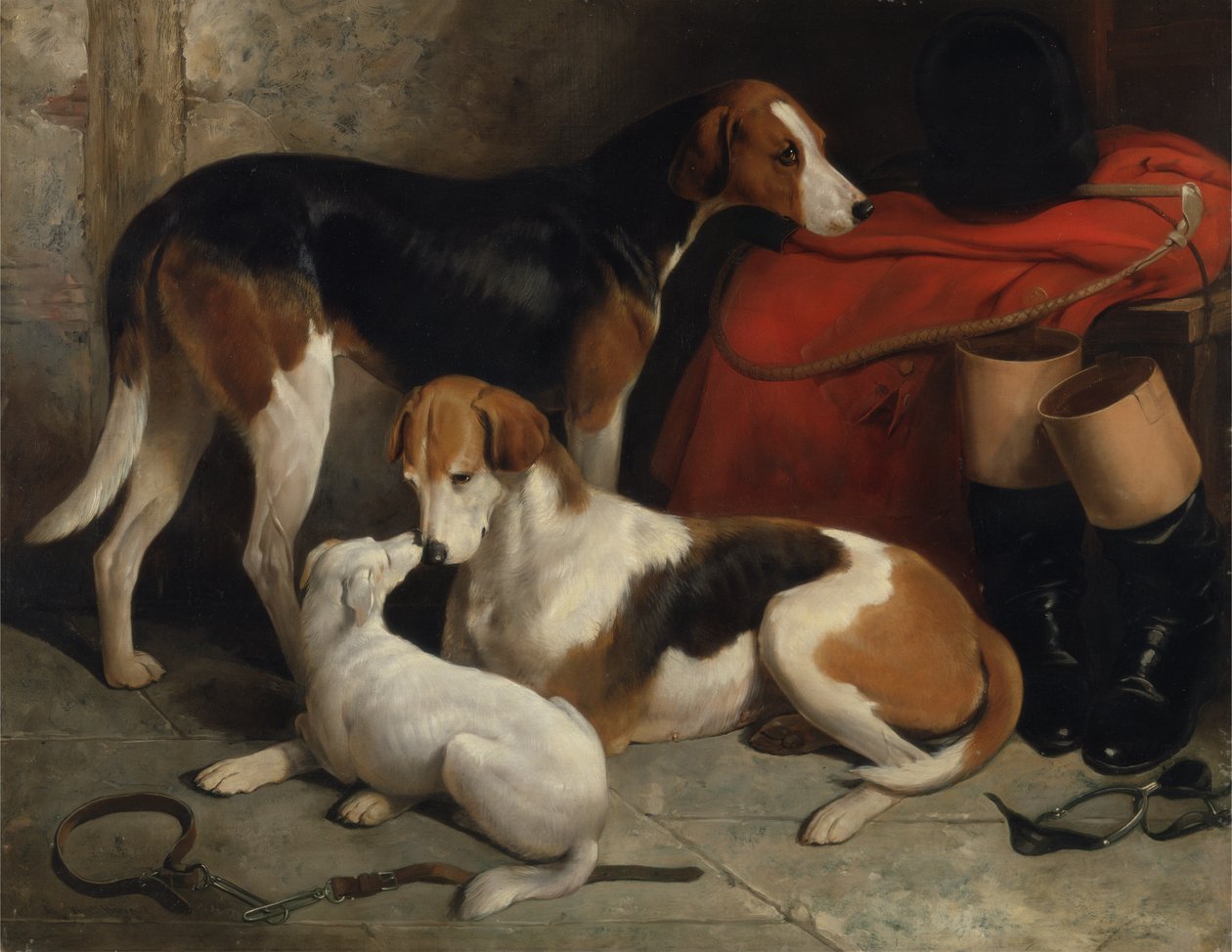 Pár Foxhoundů lorda Henryho Bentincka s teriérem, kolem roku 1845 (olej na plátně) od William Barraud