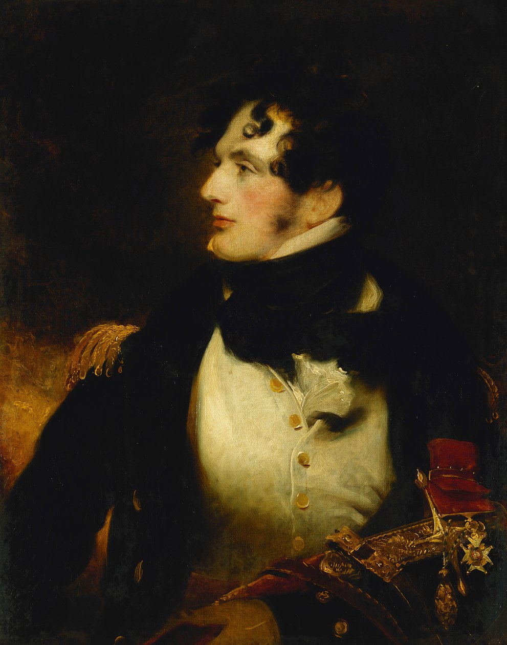 Portrét námořního důstojníka v poloviční délce v uniformě s prezentačním mečem a odznakem C.B., od William Beechey