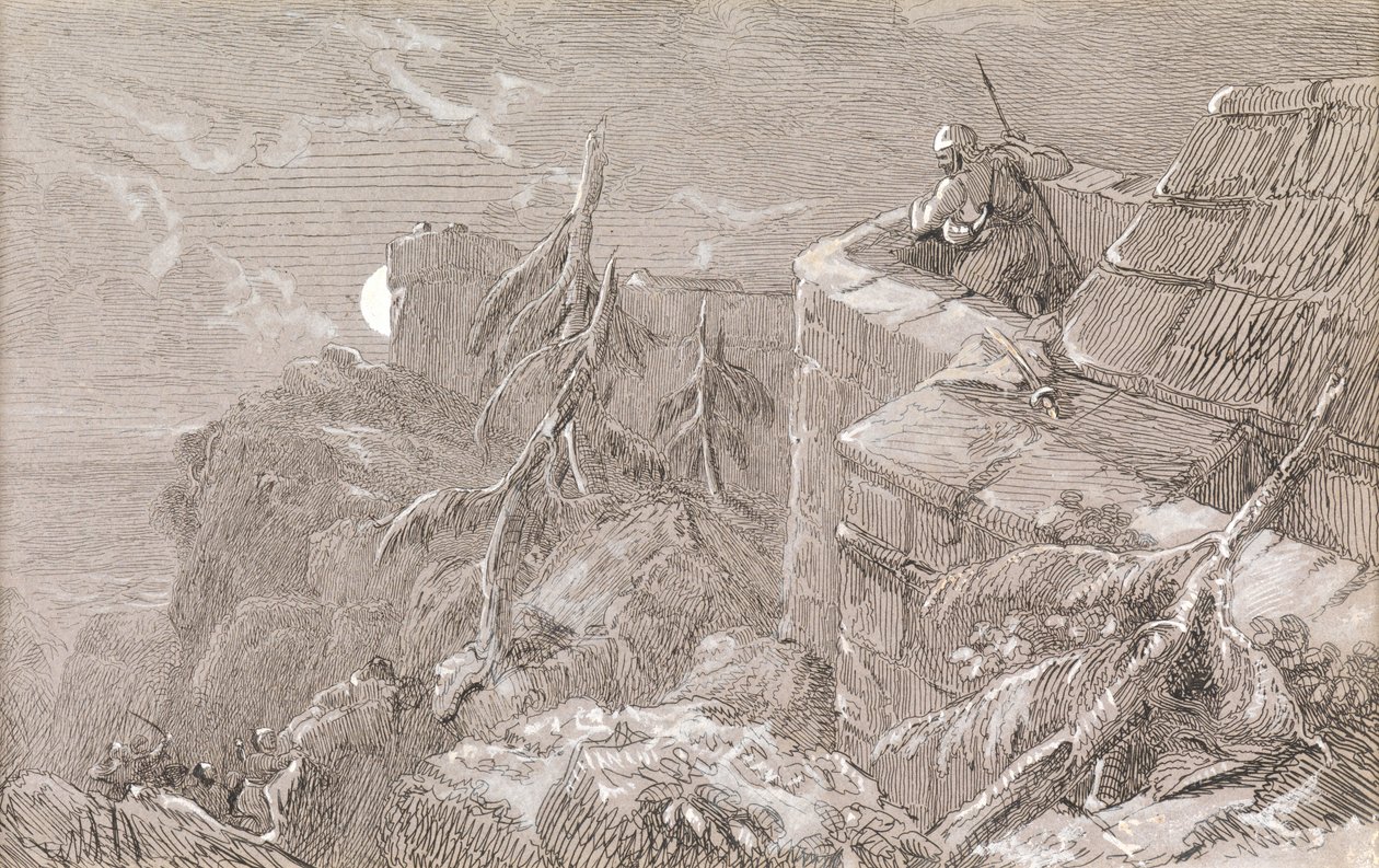 Storming the Castle (pero a inkoust s tělovou barvou) od William Bell Scott