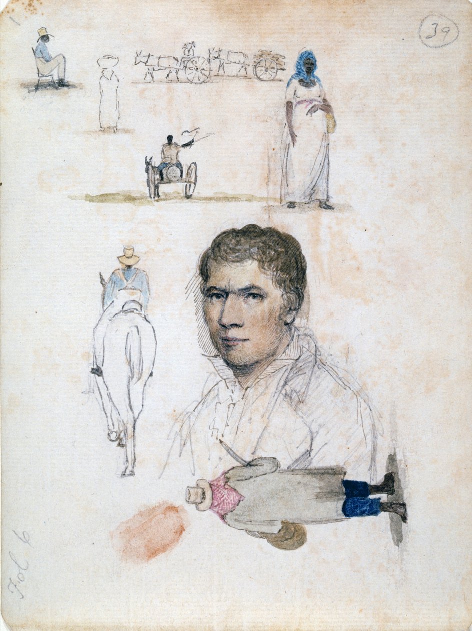 Osm malých kreseb, včetně portrétu, figurálních studií, vozíků, od umělce Williama Berrymana. od William Berryman