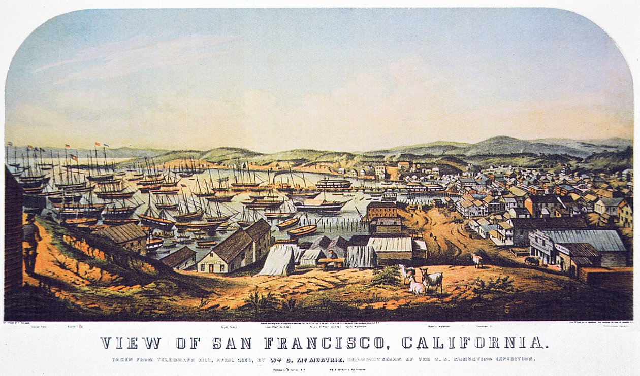 Pohled na San Francisco, Kalifornie, z Telegraph Hill, duben 1850 (barevné lito) od William Birch McMurtrie