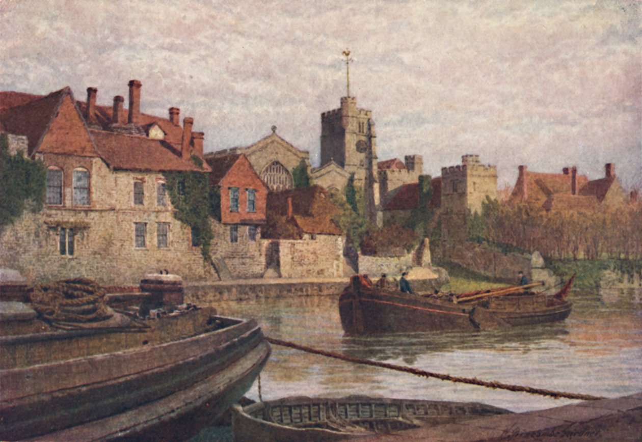 Maidstone. Zadní část starověkého paláce, kostel a stará vysoká škola přes Medway, c1900 od William Biscombe Gardner