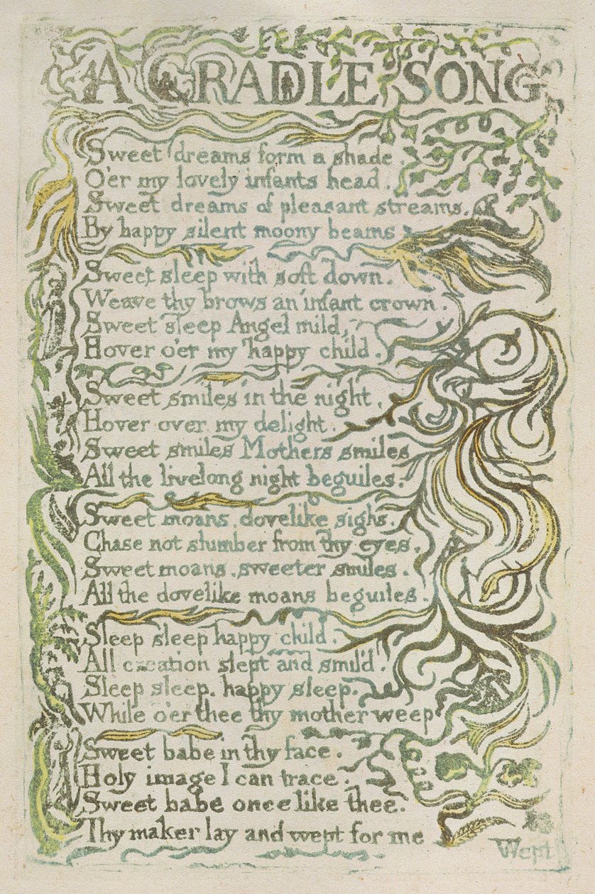 „A Cradle Song“, deska 25 z „Songs of Innocence“, 1789 (ručně kolorovaný reliéfní lept s akvarelem) od William Blake