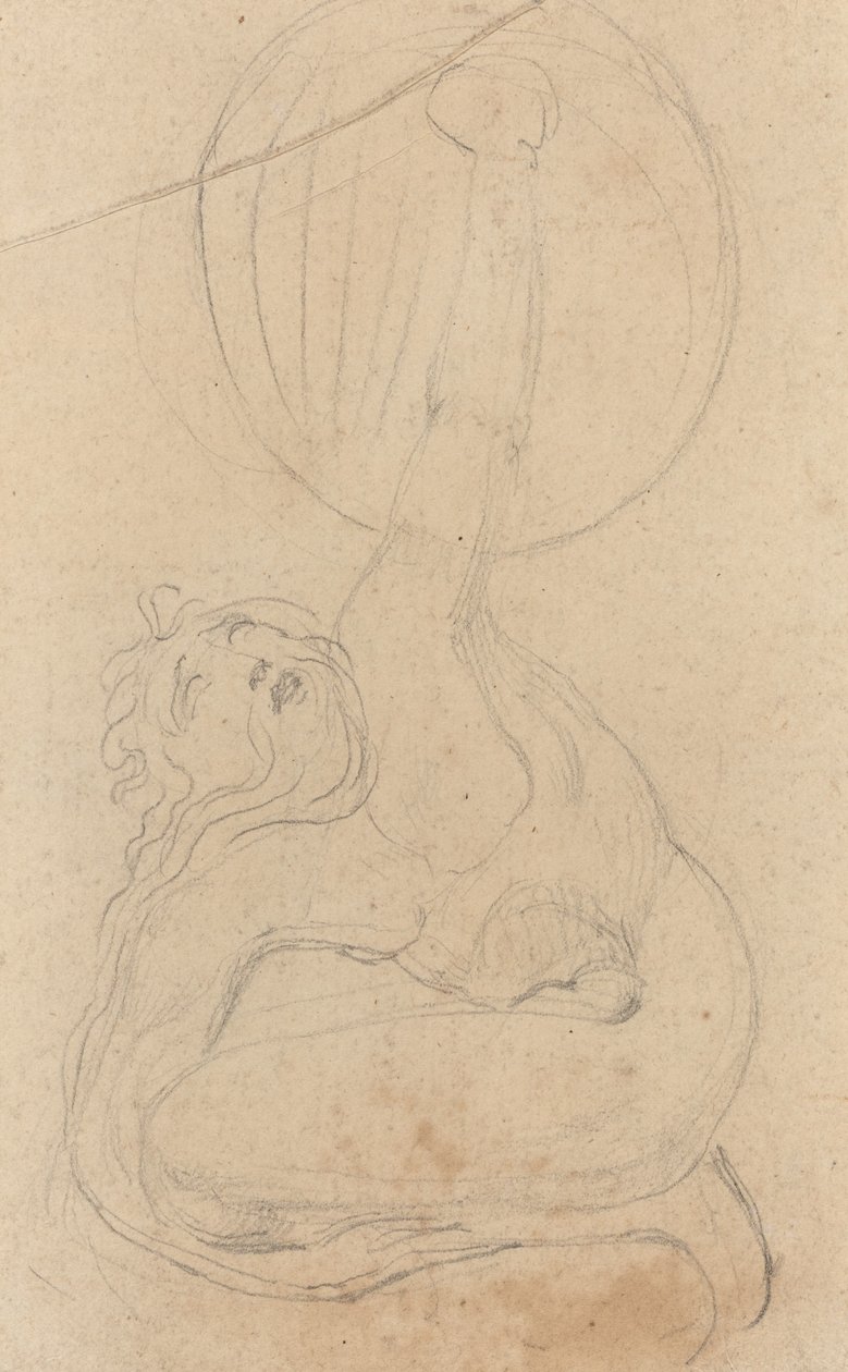Krčící se postava držící štít [verso] od William Blake