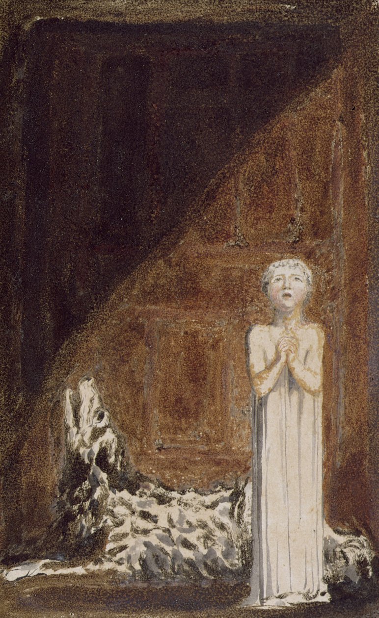 „Chlapec v dlouhých šatech, stojící se sepjatýma rukama vedle psa“, deska 25 z „První knihy Urizena“, 1794 (barevně tištěný reliéfní lept inkoustem a wc na papíře) od William Blake