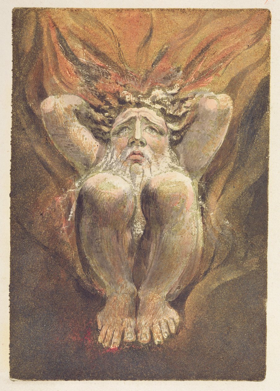 „Nahý muž přikrčený v plamenech, s rukama za hlavou“, deska 21 z „První knihy Urizena“ od William Blake