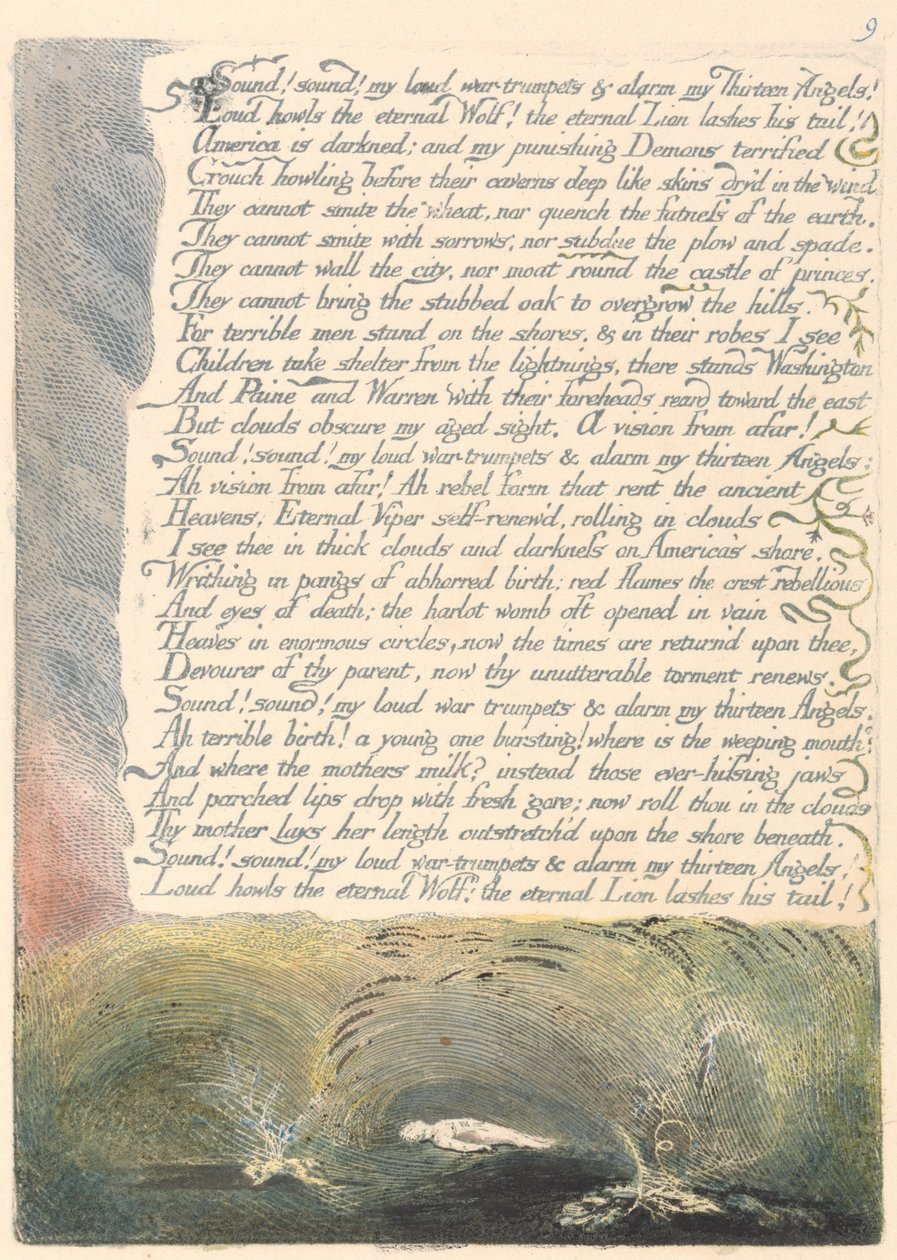 Amerika. Proroctví, deska 11, Zvuk! Zvuk! Mé hlasité válečné trubky.... od William Blake