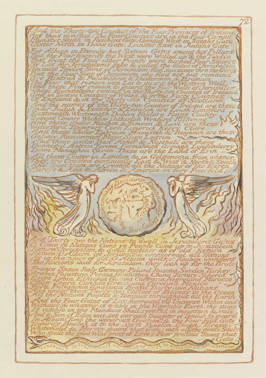 „A třicet dva krajů...“, deska 72 z „Jeruzaléma“ (Bentley Copy E) 1804-20 (reliéfní lept perem a akvarelem na papíře) od William Blake
