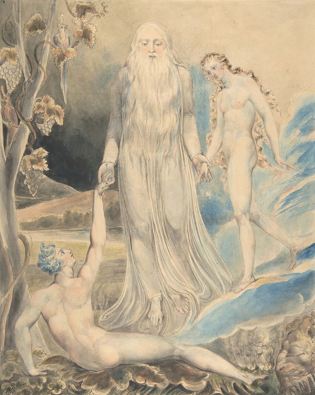 Anděl božské přítomnosti přivádí Evu k Adamovi Stvoření Evy..., recto..., 1803. od William Blake