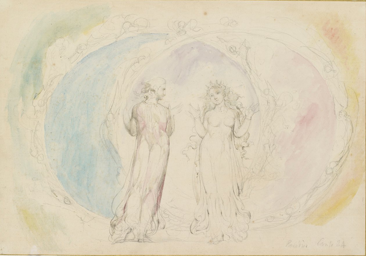 Beatrice a Dante v Blížencích, uprostřed koulí plamene, 1825-1827 od William Blake