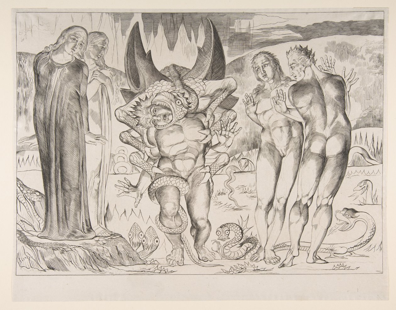 Kruh zlodějů: Agnello Brunelleschi Napaden šestinohým hadem, z Dan..., ca. 1825-27. od William Blake