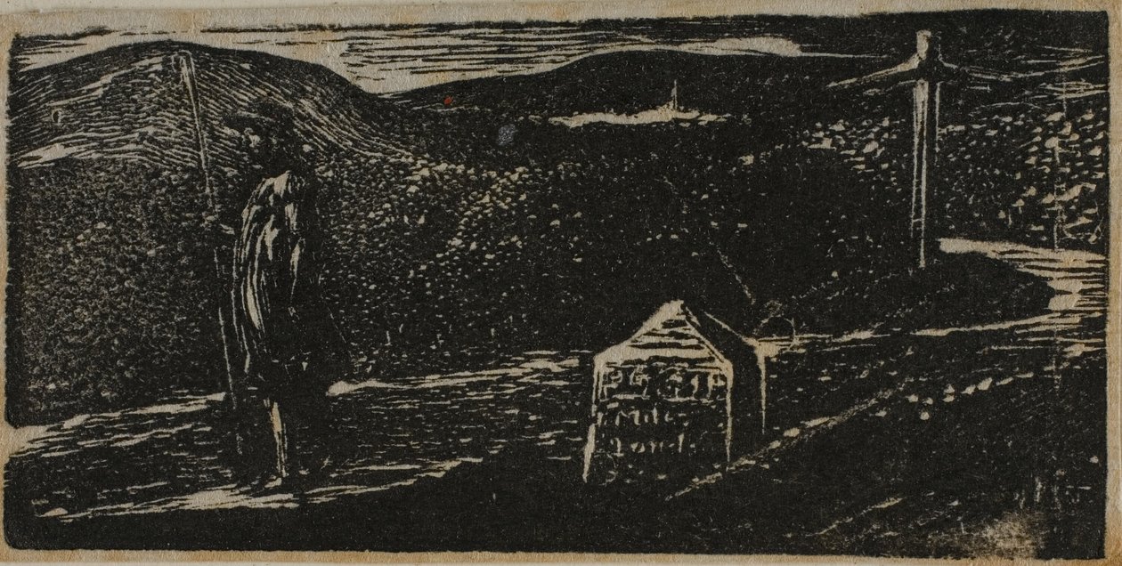 Colinetova cesta: z Vergiliových pastýřských listů: Milník označený LXII míle do Londýna od William Blake