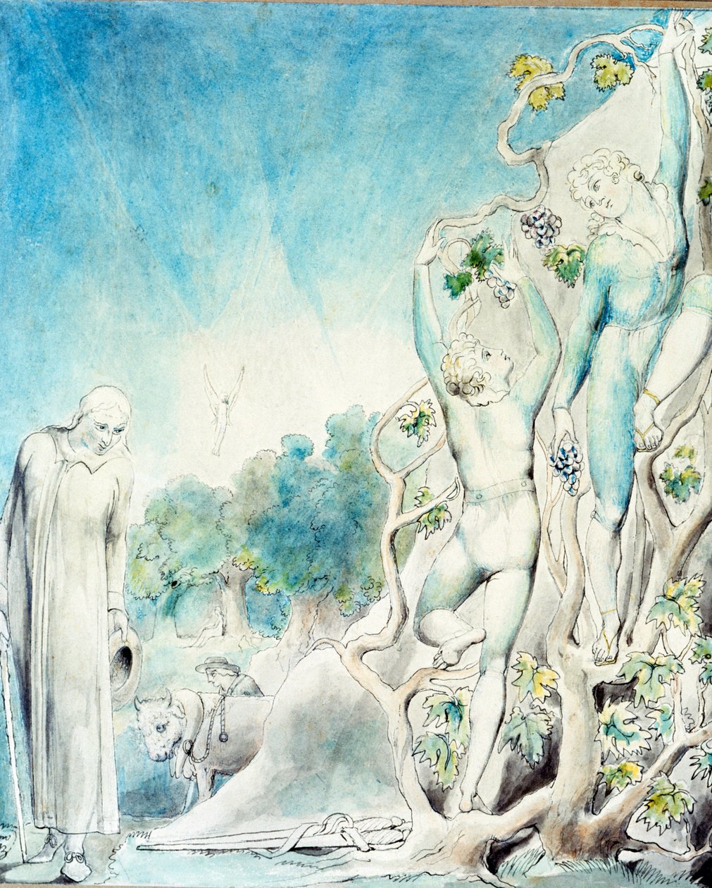 Comus se setká s jedním z bratrů zaneprázdněných sběrem ovoce, aby nakrmil Lady. 19. století (akvarel) od William Blake
