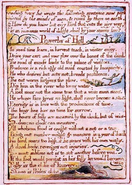 "Corroding fires he wrote the following...", text z knihy "The Marriage of Heaven and Hell", cca 1790-3 (reliéfní lept dokončený perem a akvarelem) od William Blake