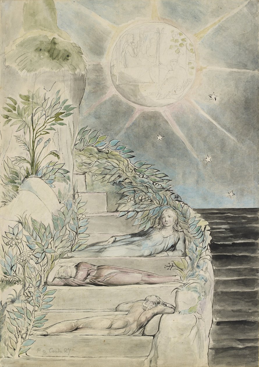 Dante a Statius spí, Virgil se dívá od William Blake