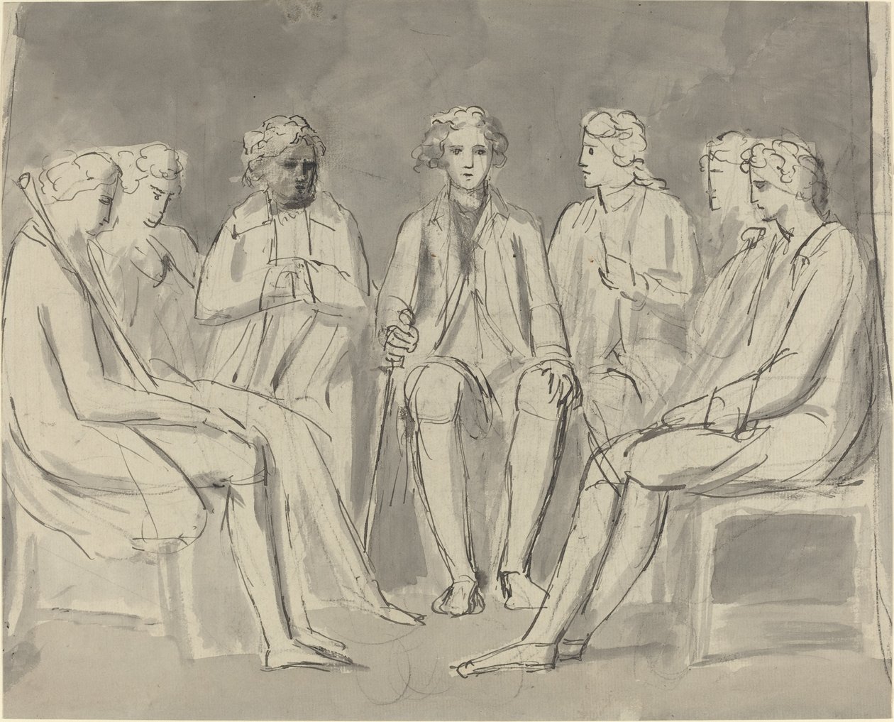 Skupina mužů sedících v kruhu [recto] od William Blake