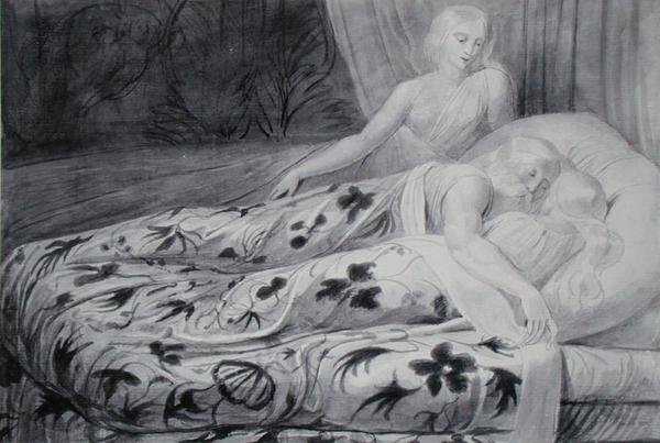 Har a Heva spí s Mnethou, která je hlídá, ilustrace z 