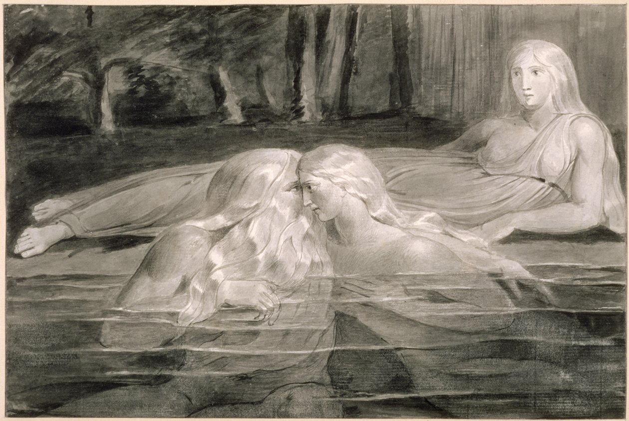 Har and Heva Bathing, Mnetha Looking On, c.1785-89 (štětec, inkoust a mytí na papíře) od William Blake
