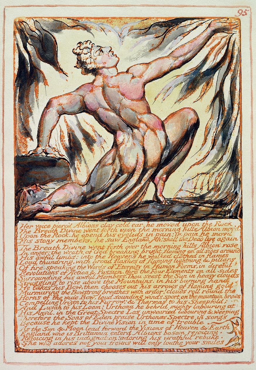 „Její hlas probodl hliněným uchem Albions...“, deska 95 z „Jeruzaléma“ kolem roku 1810 (lept perem a wc) od William Blake