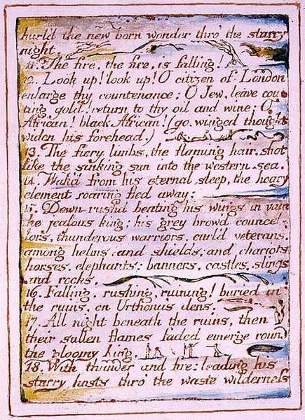 "Vrhl novorozený zázrak skrz" hvězdnou noc", text z "The Marriage of Heaven and Hell", cca 1790-3 (reliéfní lept hotový perem a akvarelem) od William Blake