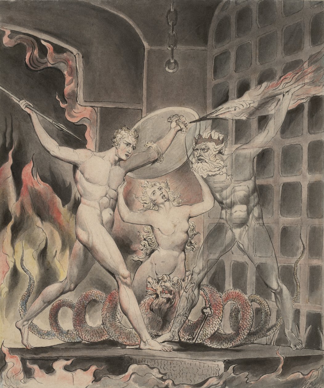 Ilustrace 2 k Miltonovu "Ztracenému ráji": Satan, hřích a smrt: Satan přichází k branám pekla, 1807 od William Blake