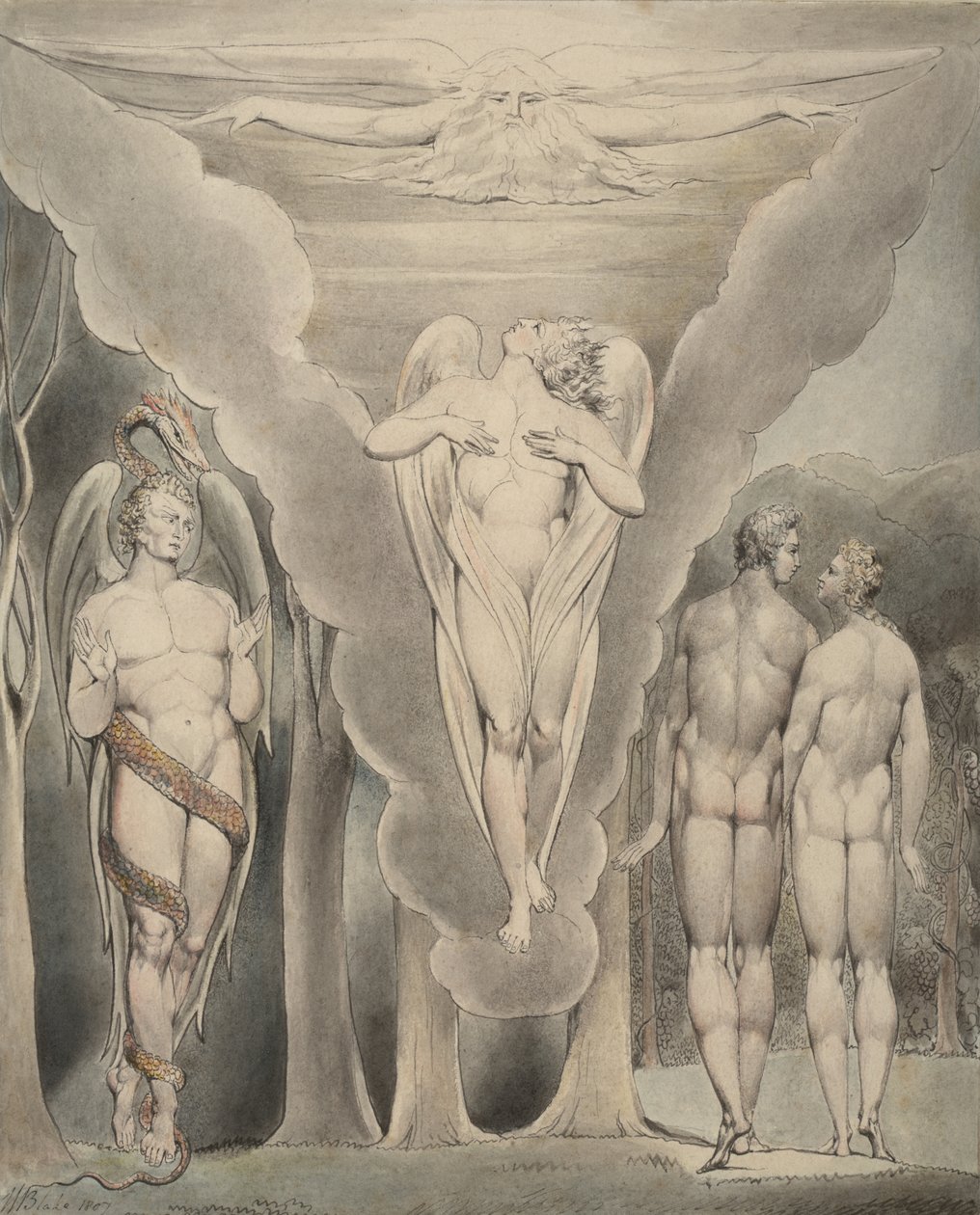 Ilustrace 4 k Miltonově "Ztracený ráj": Satan špehuje Adama a Evu a Raphaelův sestup do ráje, 1807 od William Blake