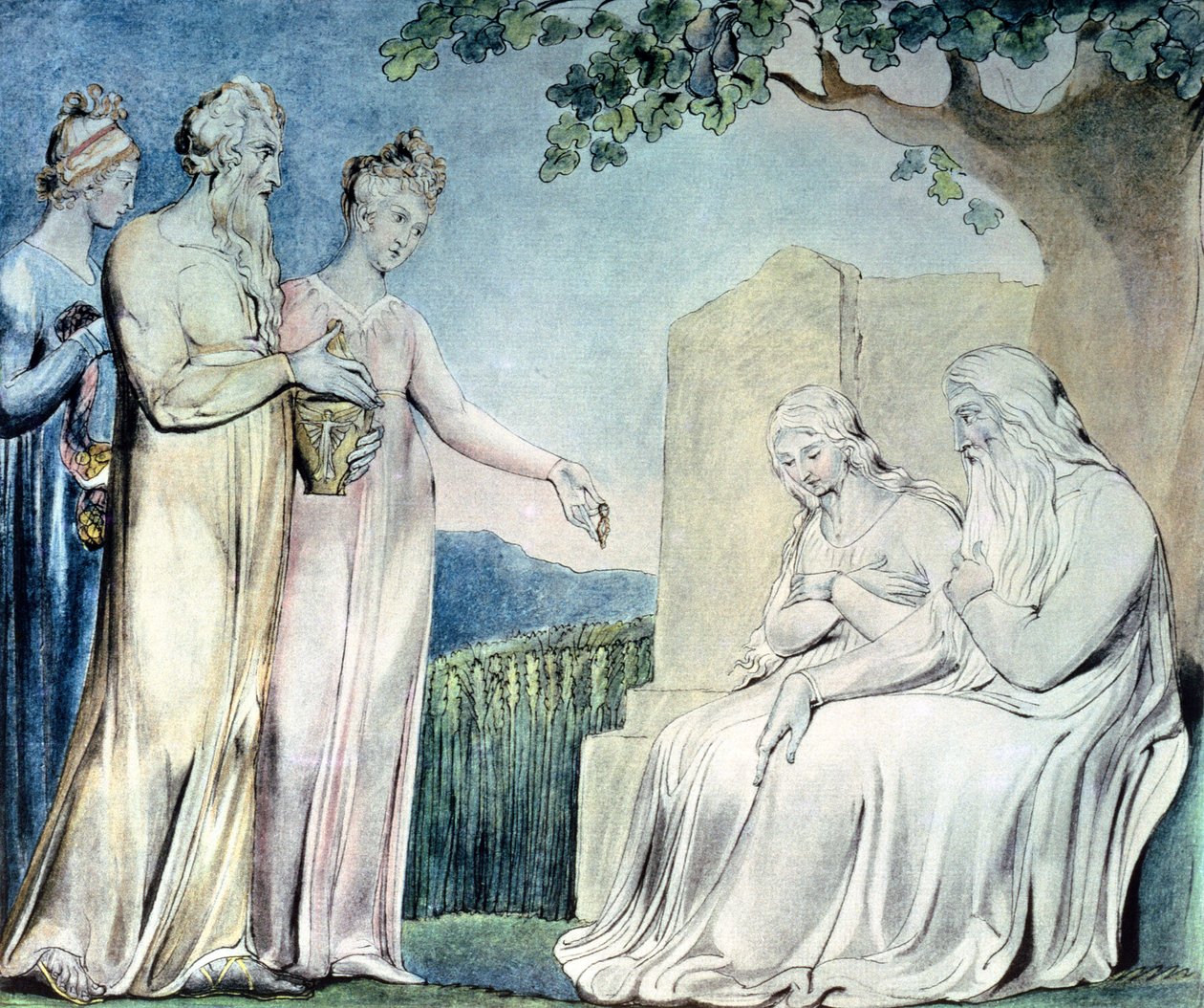 Ilustrace Knihy Job; Job přijímá charitu, 1825 (pero, wc a tužka) od William Blake