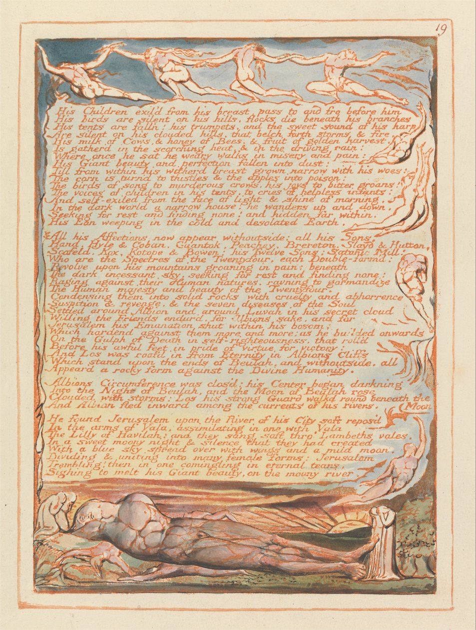 Jeruzalém, talíř 19, Jeho děti mu vyletěly z prsou ... od William Blake