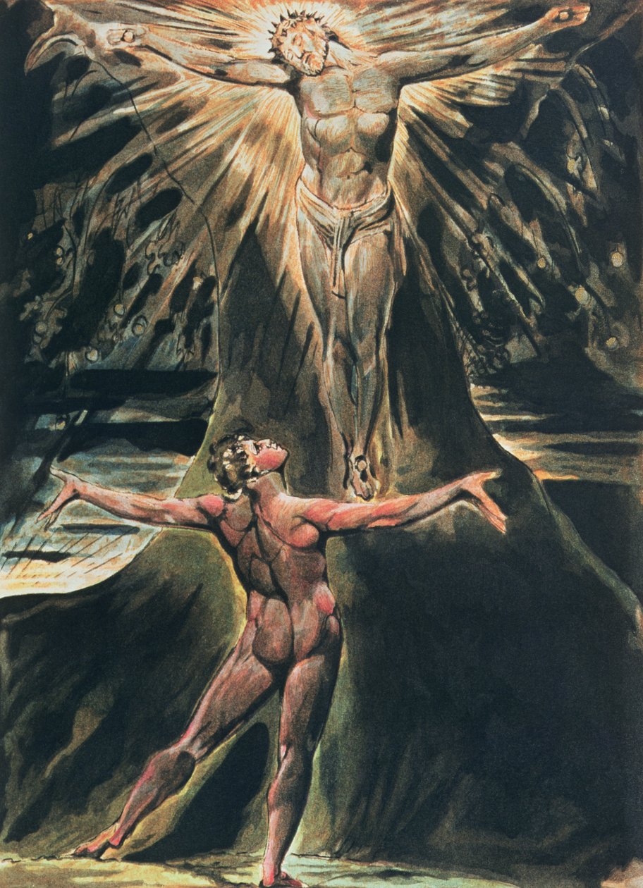 Jerusalem The Emanation of the Giant Albion; deska 76 Albion před Kristem ukřižovaným na Stromě poznání a dobra a zla, 1804-20 (reliéfní lept zakončený wc) od William Blake