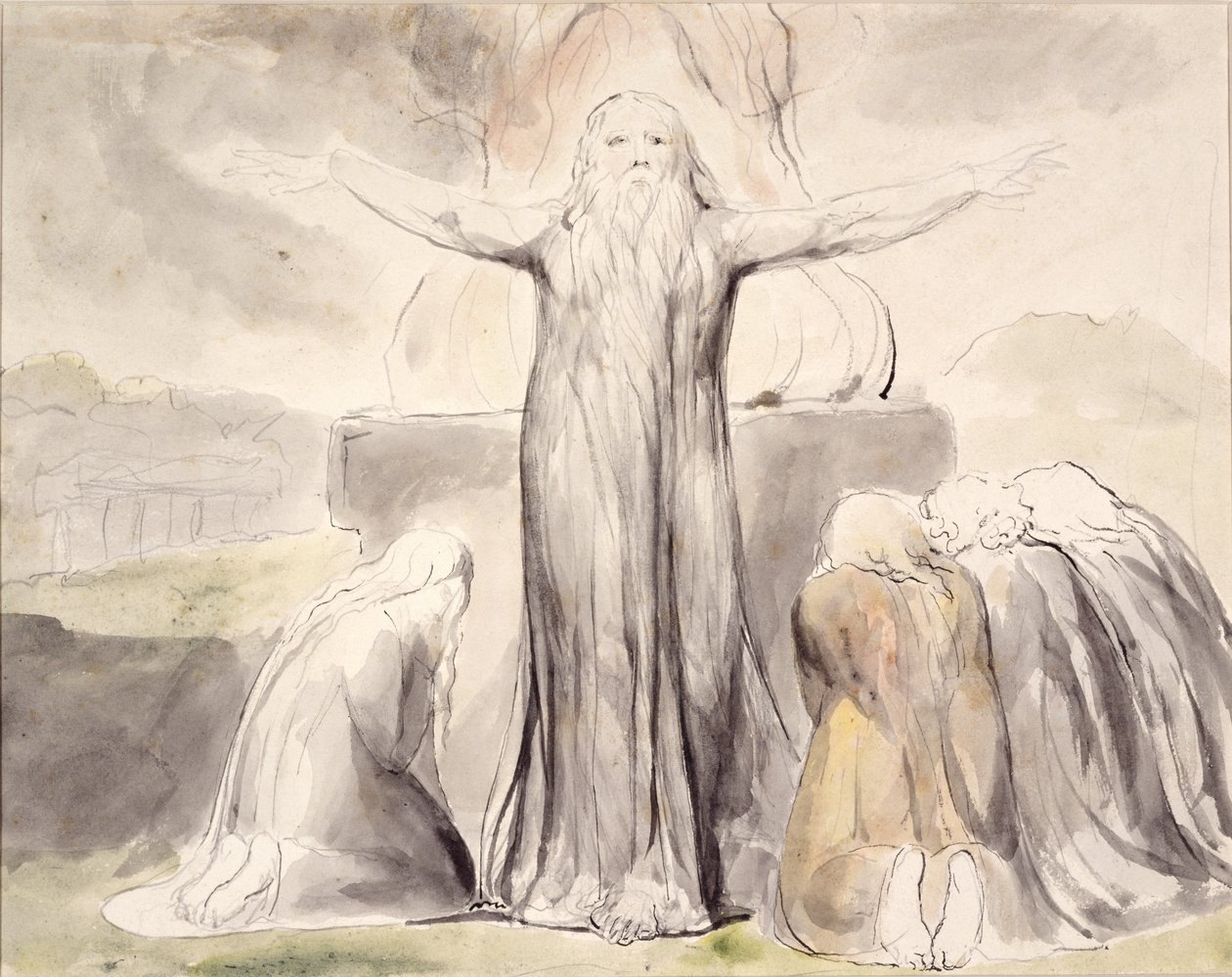 Jobova oběť: A můj služebník Job se za tebe bude modlit (pero a inkoust s akvarelem na papíře) od William Blake