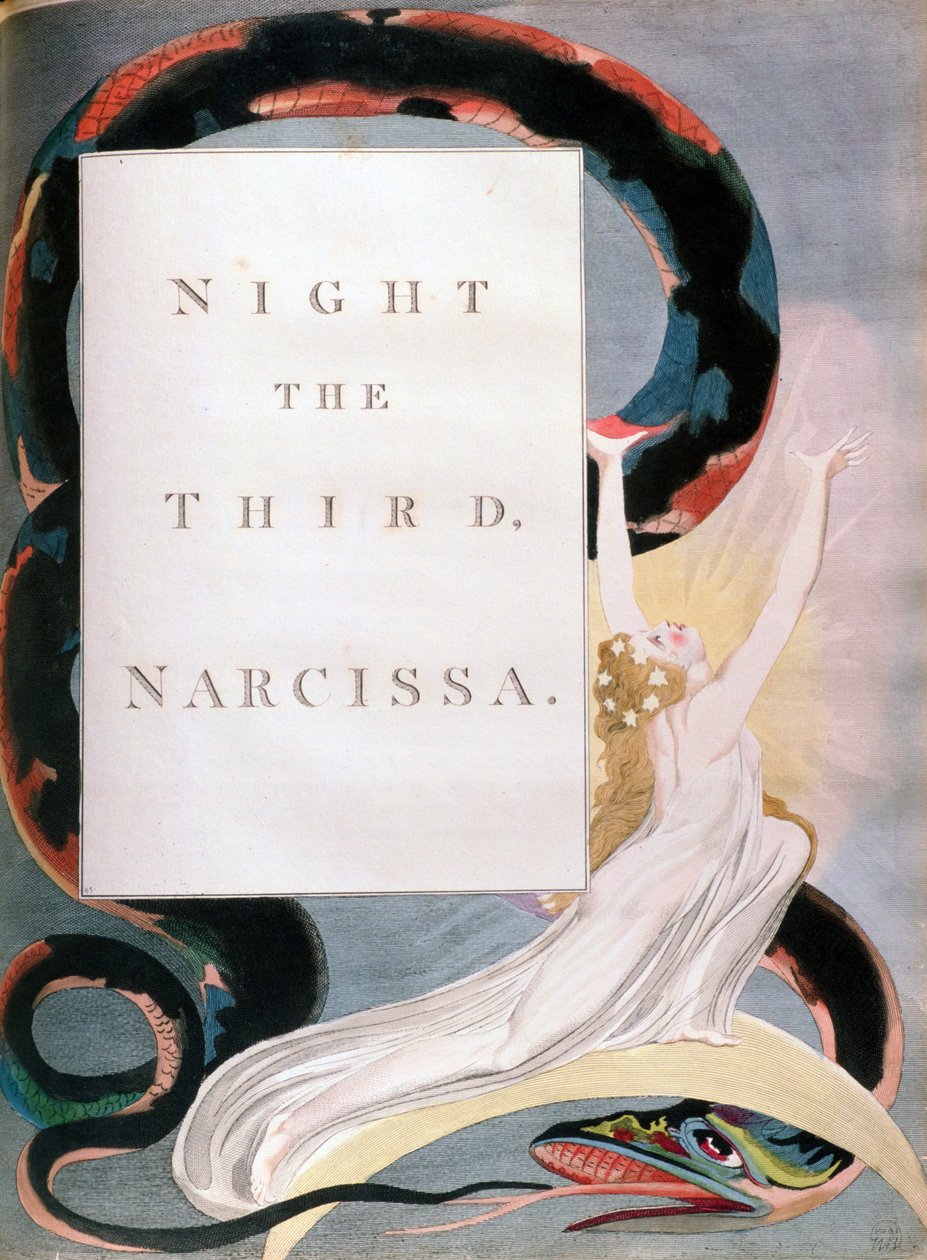 Night the Third Narcissa, titulní strana z Nocí Edwarda Youngse Night Thoughts, c1797 od William Blake