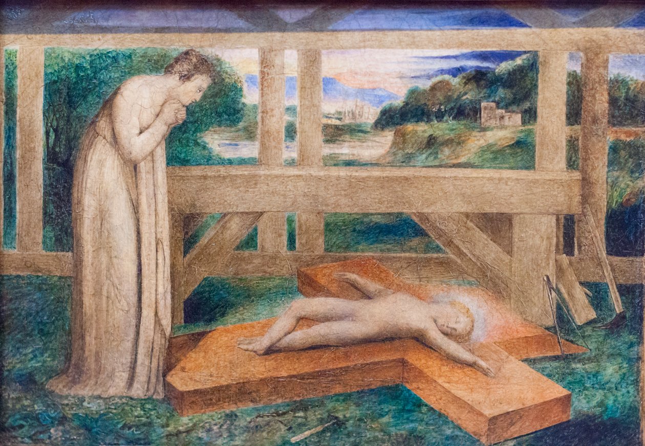 Naše paní adorující Ježíška spícího na kříži, asi 1799-1800 (tempera na plátně) od William Blake