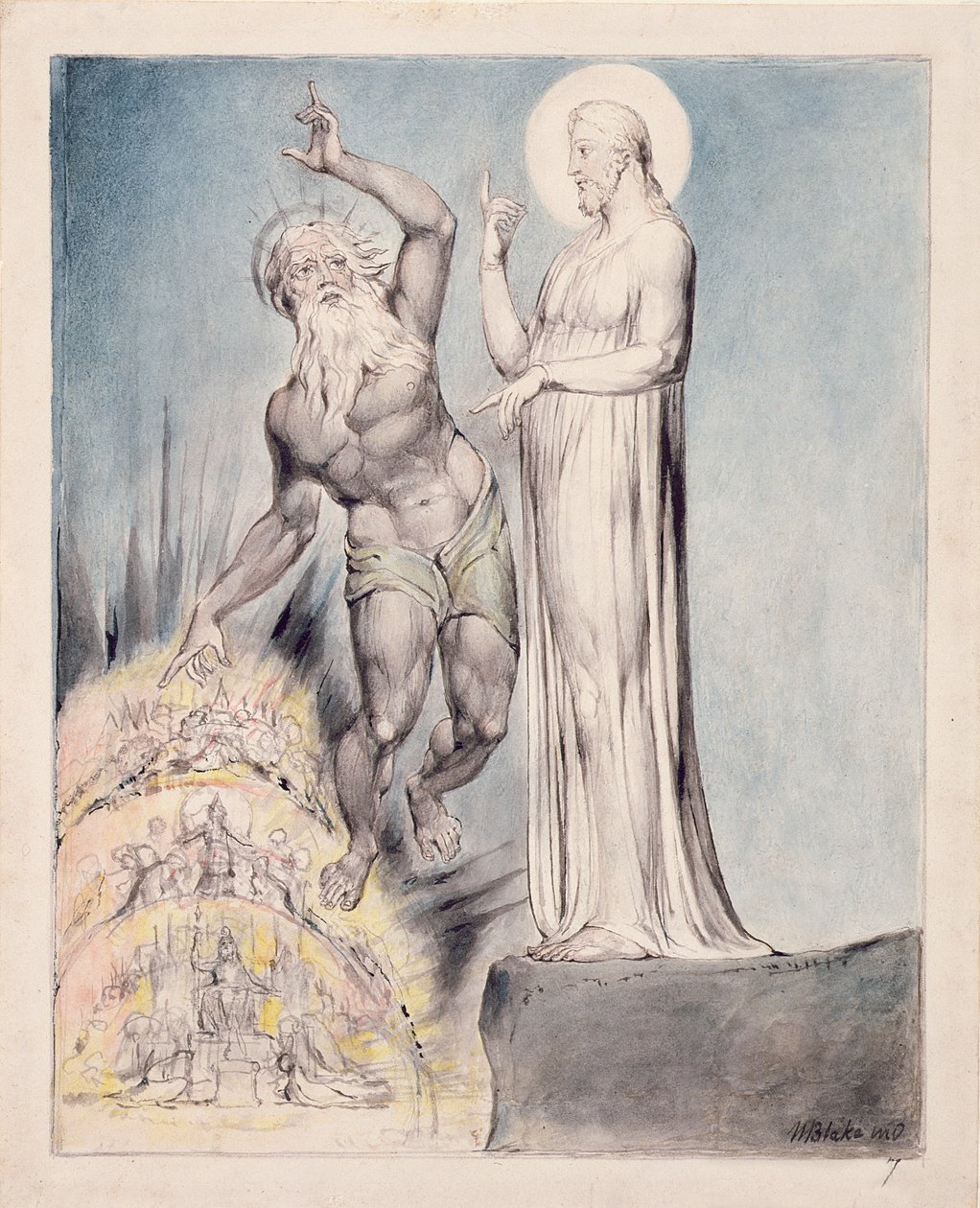 PD.19-1950 Satan pokouší Krista s královstvími Země z Miltonova ‚Ráje znovuzískán‘, kniha III, řádky 251-426, kolem 1816-18 (pero a inkoust, šedé mytí a wc na papíře) od William Blake