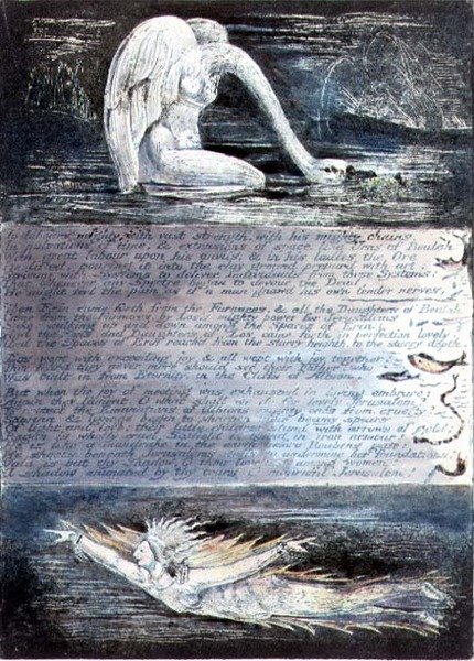 Deska II, Jeruzalém, kolem 1804-20. Albionovy dcery reprezentované stvořeními podobnými labutím a rybám od William Blake