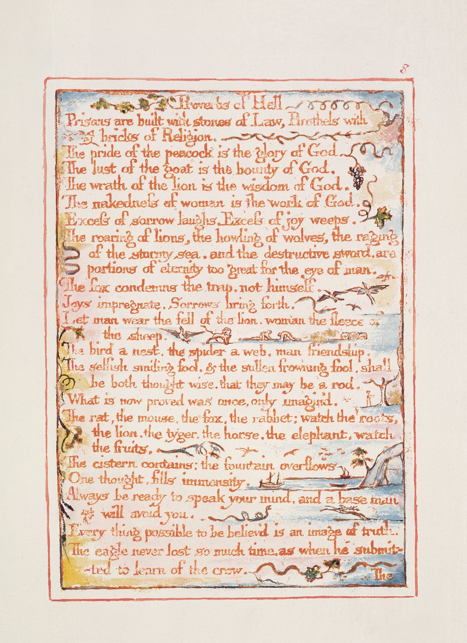 Přísloví o pekle, text ze "Sňatku nebe a pekla", asi 1790-3 (reliéfní lept dokončený perem a čb) od William Blake