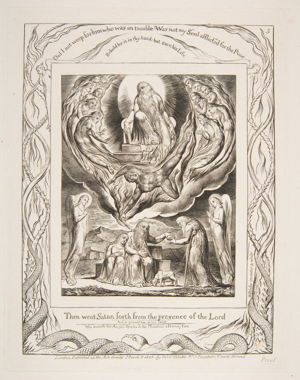 Satan vycházející z přítomnosti Páně, z ilustrací Knihy Job, 1825-26. od William Blake