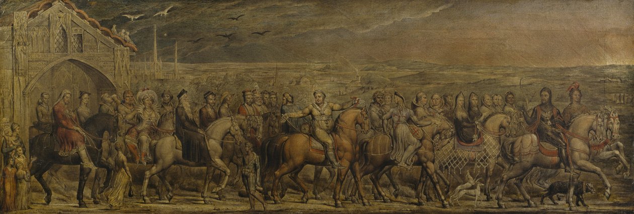 Sir Jeffrey Chaucer (n. 1342-1400) ja yhdeksän kaksikymmentä pyhiinvaeltajaa matkallaan Canterburyyn (tempera kankaalle) od William Blake