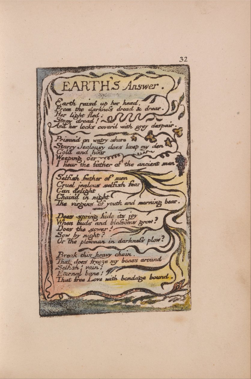 Písně nevinnosti a zkušeností, deska 32, odpověď Země (Bentley 31) od William Blake