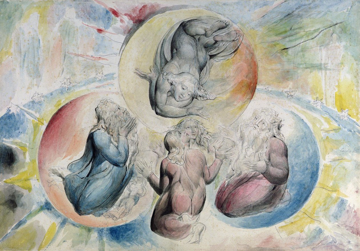 Svatý Petr, svatý Jakub, Dante a Beatrice se svatým Janem Také z "Božské komedie" Danta Alighieriho" 1824-27 (pero, tuš a akvarel na papíře) od William Blake